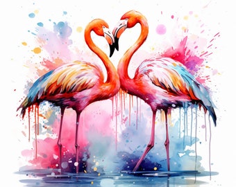 Watercolor Lively Flamingos, Bundle of 5 PNG Files for Wall Art, Digital Prints, T-Shirt Designs, and Tumbler Sublimation