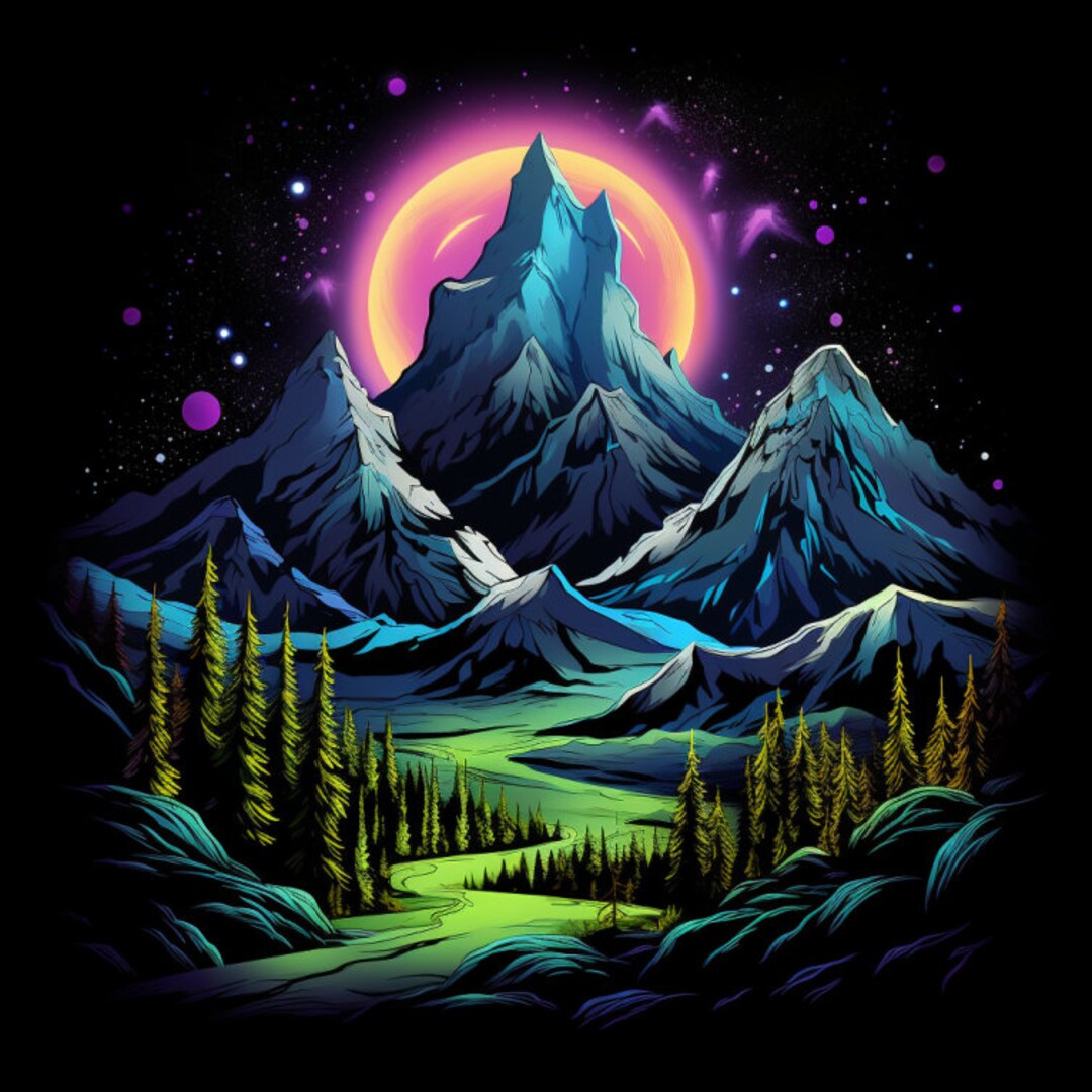 Neon Luminous Mountain Peak, Bundle of 5 PNG Files for Wall Art ...