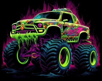 Neon Radiant Monster Truck, Bundle of 5 PNG Files for Wall Art, Digital Prints, T-Shirt Designs, and Tumbler Sublimation
