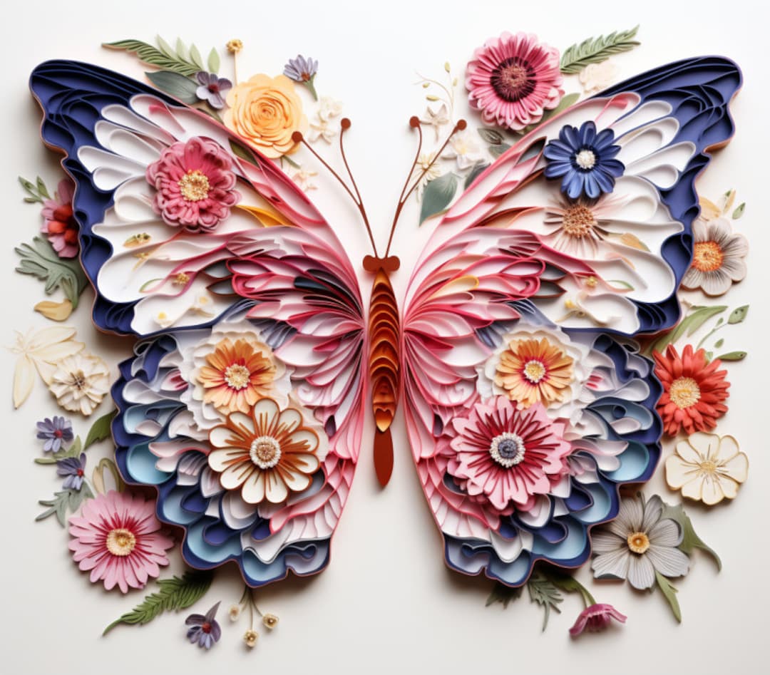 3D Charming Butterfly in a Floral Garden PNG, Bundle of 5, Wall Art ...