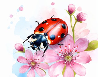 Watercolor Cute Ladybug and Pink Flowers, Bundle of 5 PNG Files for Wall Art, Digital Prints, T-Shirt Designs, and Tumbler Sublimation