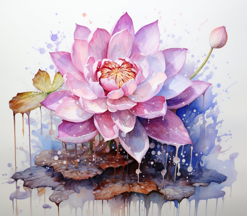 Zen Lotus Flower, Watercolor, Bundle of 5 PNG File for Wall Art