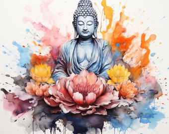 Zen Buddha PNG, Watercolor, Bundle of 5 Files, Wall Art, Digital Prints, T-Shirt Designs, and Tumbler Sublimation and Wrap