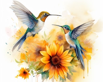 Graceful Hummingbirds and Sunflowers, Watercolor, Bundle of 5 PNG Files for Wall Art, Digital Prints, T-Shirt Designs, Tumbler Sublimation