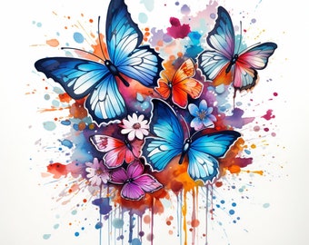 Watercolor Charming Butterflies, Bundle of 5 PNG Files for Wall Art, Digital Prints, T-Shirt Designs, and Tumbler Sublimation