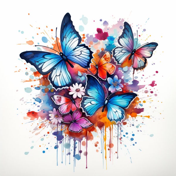 Watercolor Charming Butterflies, Bundle of 5 PNG Files for Wall Art, Digital Prints, T-Shirt Designs, and Tumbler Sublimation
