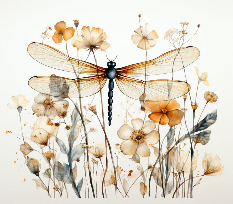 Dragonfly and Fall Flowers, Bundle of 5 PNG Files for Wall Art, Digital Prints, T-Shirt Designs, and Tumbler Sublimation Not Transparent image 2