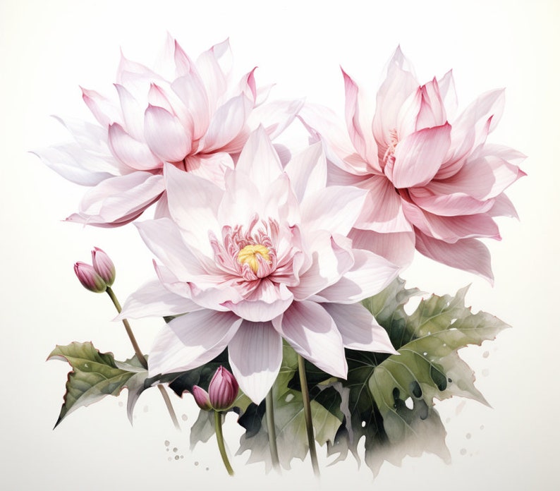 Pink Lotus Flowers, Zen Watercolor, Bundle of 5 PNG File for Wall Art, Digital Prints, T-Shirt Designs, and Tumbler Sublimation Warp image 1