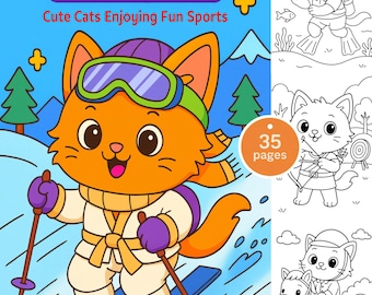 May include: A children's coloring book titled "Sporty Cats" featuring illustrations of cats engaged in various sports. The cover shows an orange cat skiing, wearing goggles and a winter outfit. The book includes 35 pages of cute cat sports illustrations.