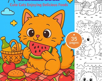 May include: A colorful "Cat Cafe Coloring Book" cover. The cover features an orange cartoon cat eating watermelon on a picnic blanket. The book includes 35 pages of cute cats enjoying delicious foods. The text reads "Cat Cafe Coloring Book" and "Cute Cats Enjoying Delicious Foods."