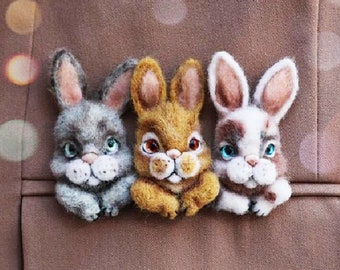 3 RABBITS BROOCH, Needle Felted Rabbit Brooch Pin, Felted Animal Brooch,  Felt Rabbit, Lapel Pin, Jacket Brooch, Rabbit Art Doll Pin
