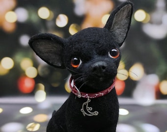 Needle Felted Dog Black Chihuahua, Needle Felt Dog, Dog Statue, Dog Sculpture, Dog Lovers Gift, Needle Felting, Pet Portrait, Felted Dog