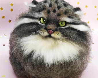 READY TO SHIP Manul Pallas's Needle Felted Cat, Pallas Cat, Needle Felt Wild Cat Figurine, Palla Cat Sculpture, Gifts for Cat Lovers
