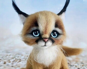 CARACAL MESSY Needle Felted, Collectible Realistic Animals, Handmade Unique Gifts, Wild Cat Figurine, Replica  Caracal, One of a Kind Gift