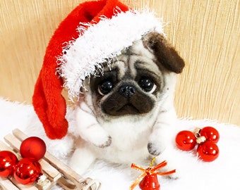 CHRISTMAS PUG, Needle Felted Pug, Needle Felt Pug, Dog Sculpture, Dog Lovers Gift, Needle Felting, Pet Portrait, Pug Lover Gift