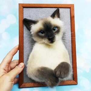 K&ouml;nnte beinhalten: Ein gerahmtes Portr&auml;t einer Siamkatze. Die Katze hat einen cremefarbenen K&ouml;rper, dunkelbraune Punkte und leuchtend blaue Augen. Der Holzrahmen ist warmbraun, vor einem weichen, grauen Hintergrund.