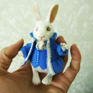 MINI WHITE RABBIT from Alice in Wonderland is Needle Felted and one of a kind. It's a unique gift for someone special who loves plushies.