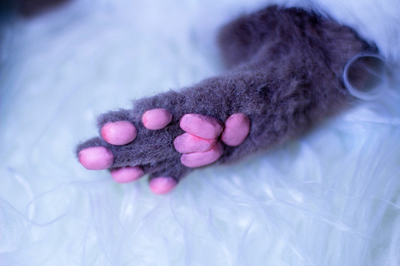 Op de afbeelding: Close-up van een grijze kattenpoot met roze voetkussentjes. De poot rust op een wit, pluche oppervlak.