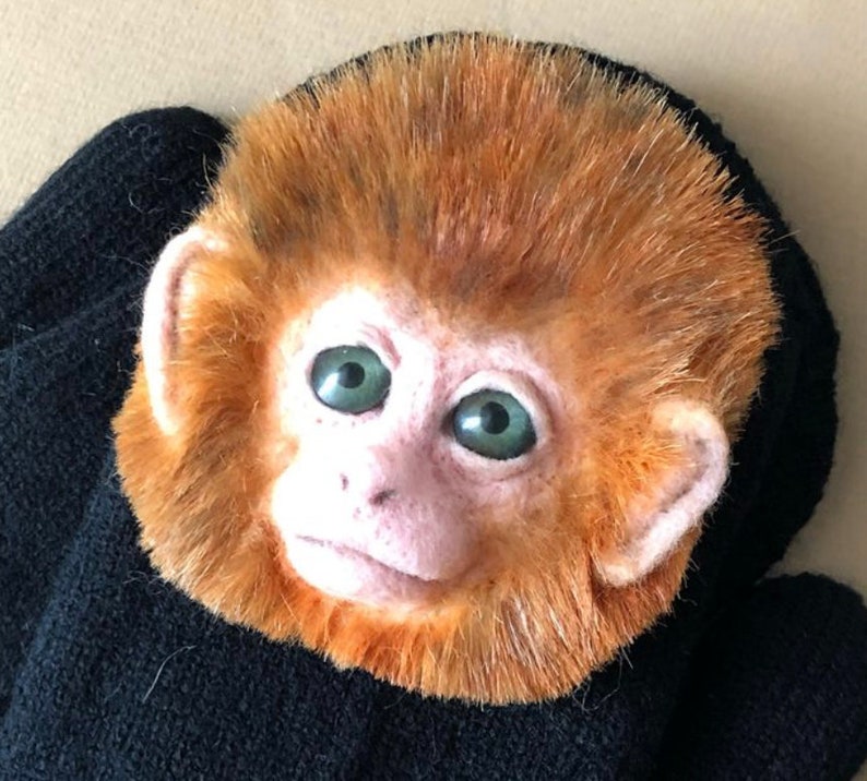 Puede incluir: Primer plano de una cabeza de mono de peluche con pelaje naranja, ojos verdes y nariz rosa. La cabeza del mono est&aacute; unida a un fondo de tela negro.