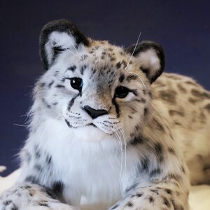 May include: A close-up of a white and gray snow leopard plush toy with blue eyes. The toy is lying on a white surface.