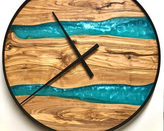 Clock in olive wood, steel and resin handmade | Handmade Wall Clock's olive's wood with steel and resin