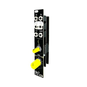 May include: Black and yellow audio mixer module with knobs and jacks. The module has labels for "IN", "OUT", "CV", "SUM", "CV", and "PAN".