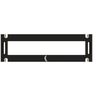 Puede incluir: Estante de madera negra con un logotipo de plátano. El estante tiene dos recortes a cada lado y una abertura rectangular en el centro.