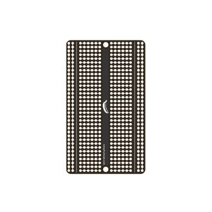 May include: A black breadboard with white dots and a banana logo. The breadboard has a row of holes down the center for connecting wires.