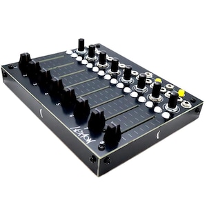 May include: Black music production controller with eight faders, knobs, and buttons. The controller is labelled "Novation".