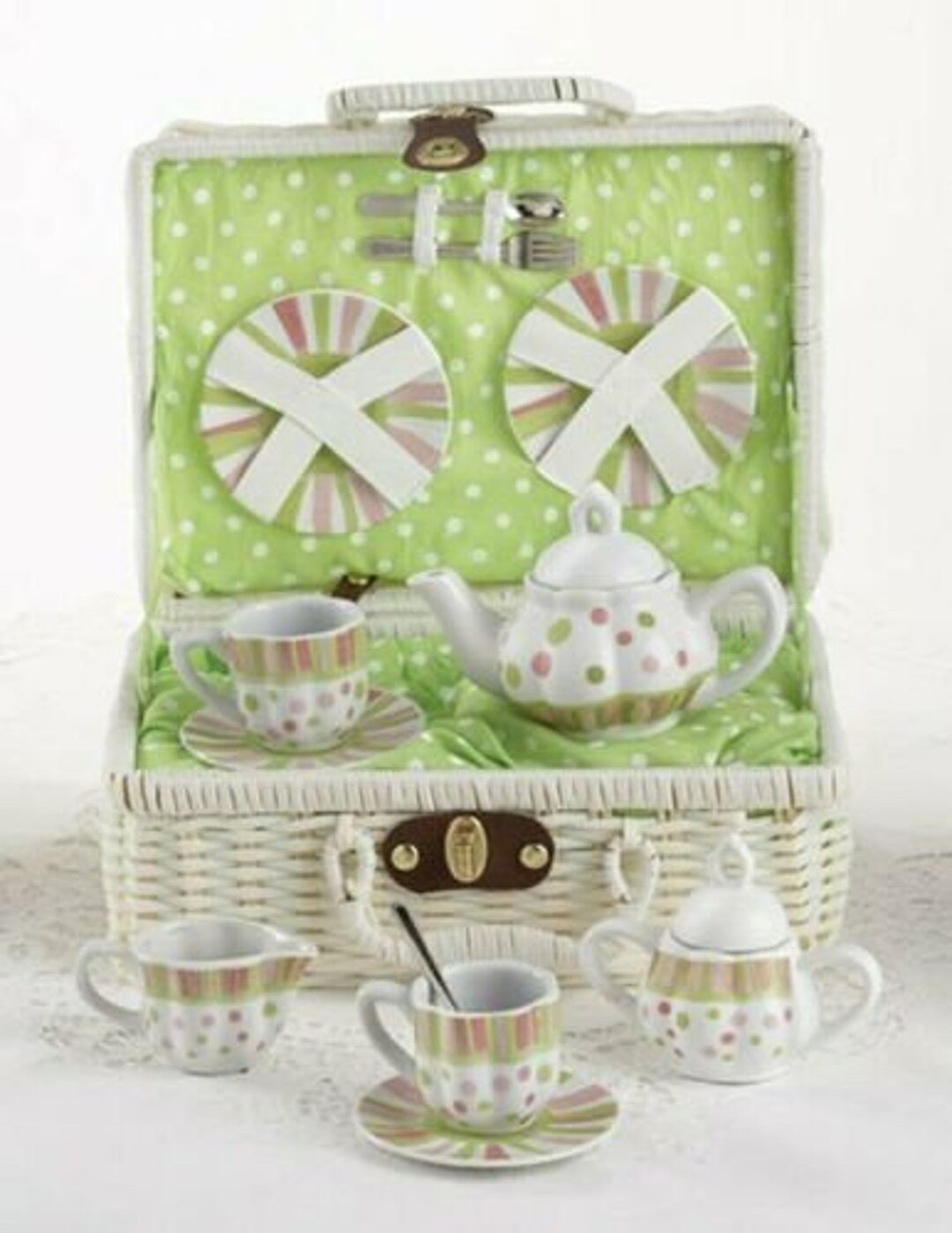 Delton Kids Porcelain Sprinkles Tea Set in Wickerlike Basket Etsy