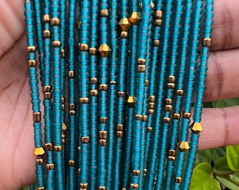 Dainty blue beads with gold sparkly beads