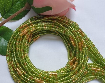 Lime green African waist beads with small gold bars