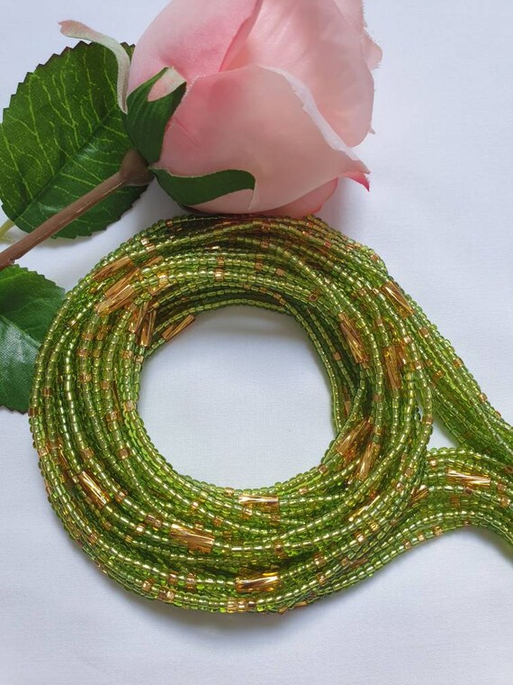 Lime green African waist beads with small gold bars