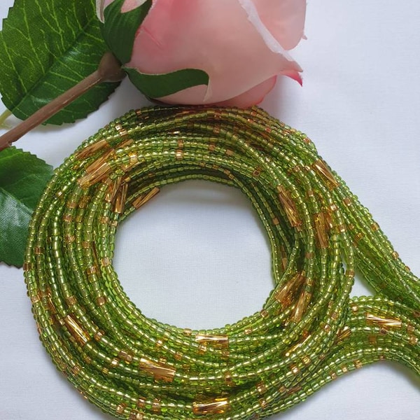 Lime green African waist beads with small gold bars