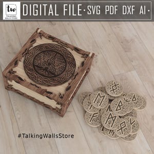 Digital File Aged Futhark runes set with box - paganism pagan witch witchcraft esoteric laser engraved divination tools