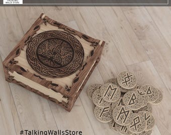 Digital File Aged Futhark runes set with box - paganism pagan witch witchcraft esoteric laser engraved divination tools