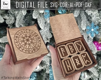 Digital File Aged Futhark runes set with box Digital File- paganism pagan witch witchcraft esoteric laser engraved divination tools