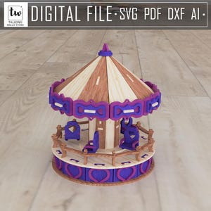 Pacote de carrosséis de madeira 3D, corte a laser de carrossel, modelo de carrossel 3D, sitter de prateleira svg, carrossel de cavalo, carrossel de cisne, arquivos de laser para crianças