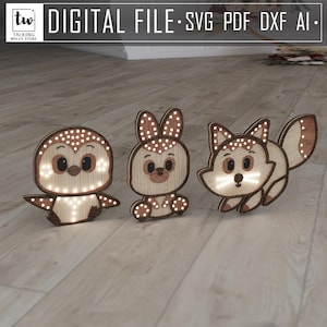 Kids wooden led night lamps bundle, 3D Baby night light lamp laser cut, led light box laser cut, childrens svg, baby nursery, cute animals