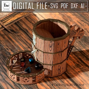 May include: A wooden dice tower and tray set featuring a barrel-shaped tower with a battle axe handle and a circular tray base. The design includes a Viking-style emblem and several multi-sided dice. Text reads DIGITAL FILE SVG PDF DXF AI.
