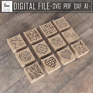 12 種類の異なるパターンの装飾ギフト ボックス レーザー カット SVG PDF、AI、dxf ファイル、蓋付きジュエリー ボックス、木製レーザー カット ファイル用ベクター ファイル
