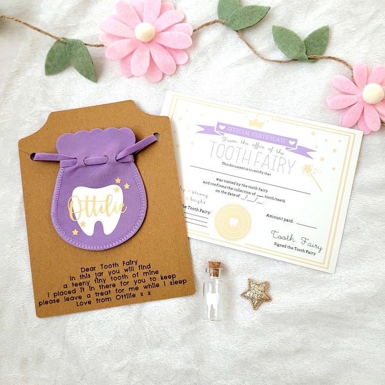 Personalised tooth fairy bag,tooth fairy pouch, tooth fairy set, tooth jar, tooth fairy receipt, certificate, first tooth, keepsake image 2