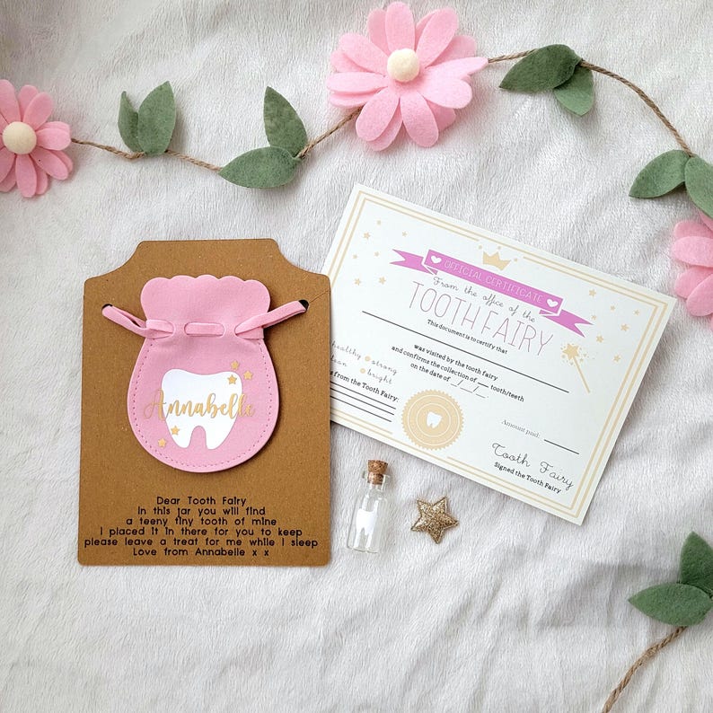 Personalised tooth fairy bag,tooth fairy pouch, tooth fairy set, tooth jar, tooth fairy receipt, certificate, first tooth, keepsake image 3