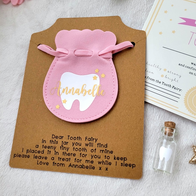 Personalised tooth fairy bag,tooth fairy pouch, tooth fairy set, tooth jar, tooth fairy receipt, certificate, first tooth, keepsake image 4
