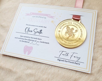 Persinalised Tooth fairy medal ,tooth fairy certificate ,tooth fairy set, tooth fairy gift, first tooth, keepsake, pink,blue, boys, girls