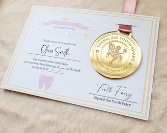 Personalised Tooth fairy medal, tooth fairy certificate ,tooth fairy set, tooth fairy gift, first tooth, keepsake, pink,blue, boys, girls