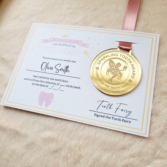 Personalised Tooth fairy medal, tooth fairy certificate ,tooth fairy set, tooth fairy gift, first tooth, keepsake, pink,blue, boys, girls