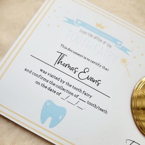 May include: A certificate from the Tooth Fairy for Thomas Evans, confirming the collection of a tooth/teeth on a specific date. The certificate features a blue tooth icon with stars and a gold coin.