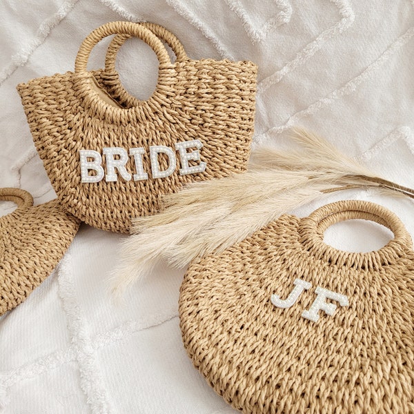 Personalised beach bag, hen party, bridal party, holiday bag, pearl initial embellishment, straw beach bag, woven beach bag, minimalist bag