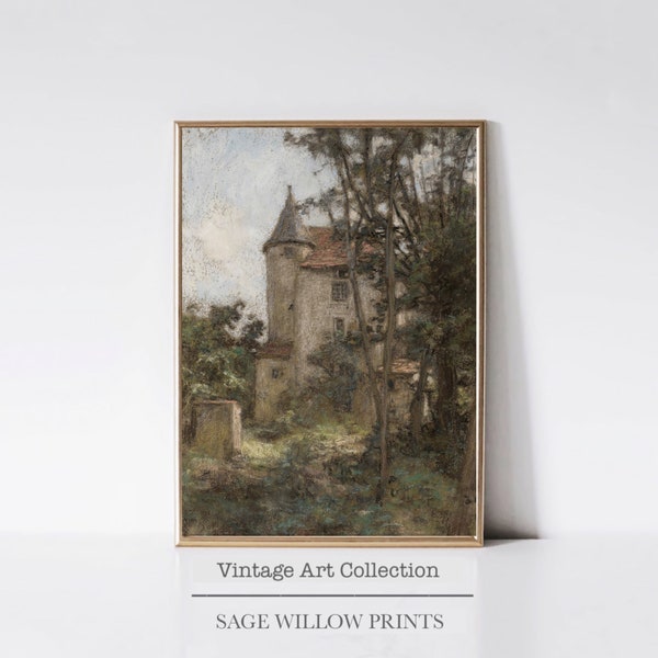 Rustic Farmhouse Printable, Vintage Castle Oil Painting, Digital Download, Landscape Print Poster, Antique Nature Cabin Decor